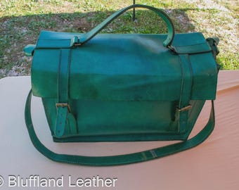 Handmade Leather Messenger Bag Green, Bluffland Messenger Bag, Original Design, Hand Stitched - MB1