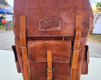 Handmade Brown Leather Backpack: Full-Grain Rucksack with Yellow Accents