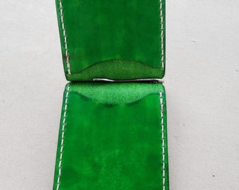 Handmade Leather Money Clip Green, Minimalist Veg Tan Wallet, Hand Stitched Money Holder - MC29