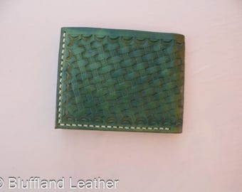 Handmade Leather Bifold Wallet Green, Mens Veg Tan Bifold, Hand Stitched, Groomsmen Gift for Him