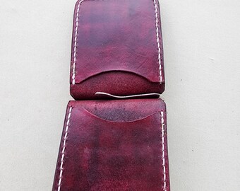 Handmade Leather Money Clip Oxblood, Minimalist Veg Tan Wallet, Hand Stitched Money Holder - MC28