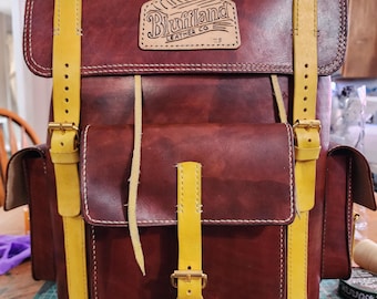 Handmade Brown Leather Backpack: Full-Grain Rucksack with Yellow Accents