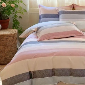 Pastel Stripes Duvet Cover Set, Aesthetic Bedding Set, Pastel Bedding, Soft Quilt Cover Set, Gift for Newlyweds, Christmas Gift for her