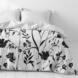 Black & White Floral Duvet Cover, Aesthetic Bedding, Soft Cozy Quilt Cover, Gift for Newlyweds, Christmas Gift for her