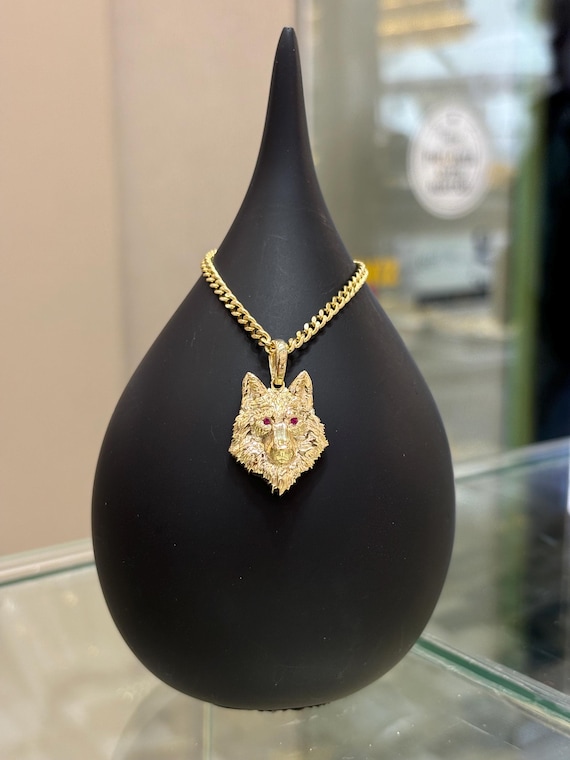 14K Gold Wolf Necklace, Red Stone Eyed Wolf Head Pendant, 14K Real
