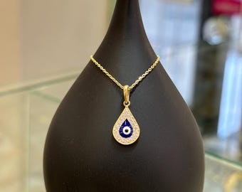 Colgante de ojo turco de oro de 14k, collar de protección contra el mal de ojo de oro macizo de 14k, colgante, colgante de oro, regalo para ella, dije de ojo azul