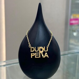 Collar con nombre personalizado en oro de 14 quilates, collar con letras de diseño especial, collar Duru Pera, collar con nombre en oro, joyería de regalo.