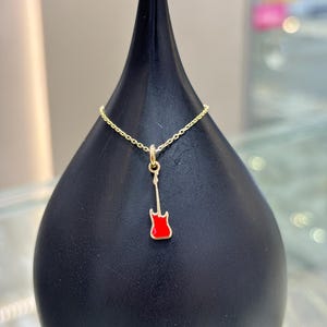 14k gold, guitar necklace, red guitar pendant, dainty gold necklace, music lover jewelry, minimalist guitar charm, gold guitar jewelry
