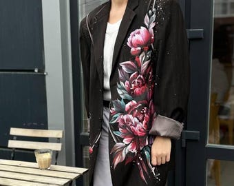 Blazer de peonía pintado a mano: chaqueta extragrande marrón chocolate reciclada