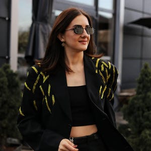 Upcycled Two-Piece Suit • Black Blazer Set with Hand Embroidery & Czech Beads