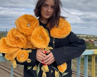 Upcycled Jacket with Decorative Flowers and Hand-Painted Details — Festive Artwear