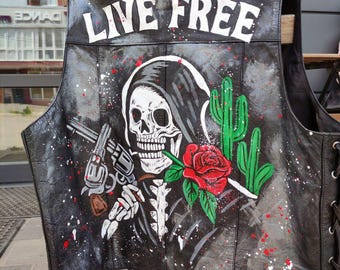 Hand-Painted Leather Biker Vest: Grim Reaper Art - "LIVE FREE" - XL