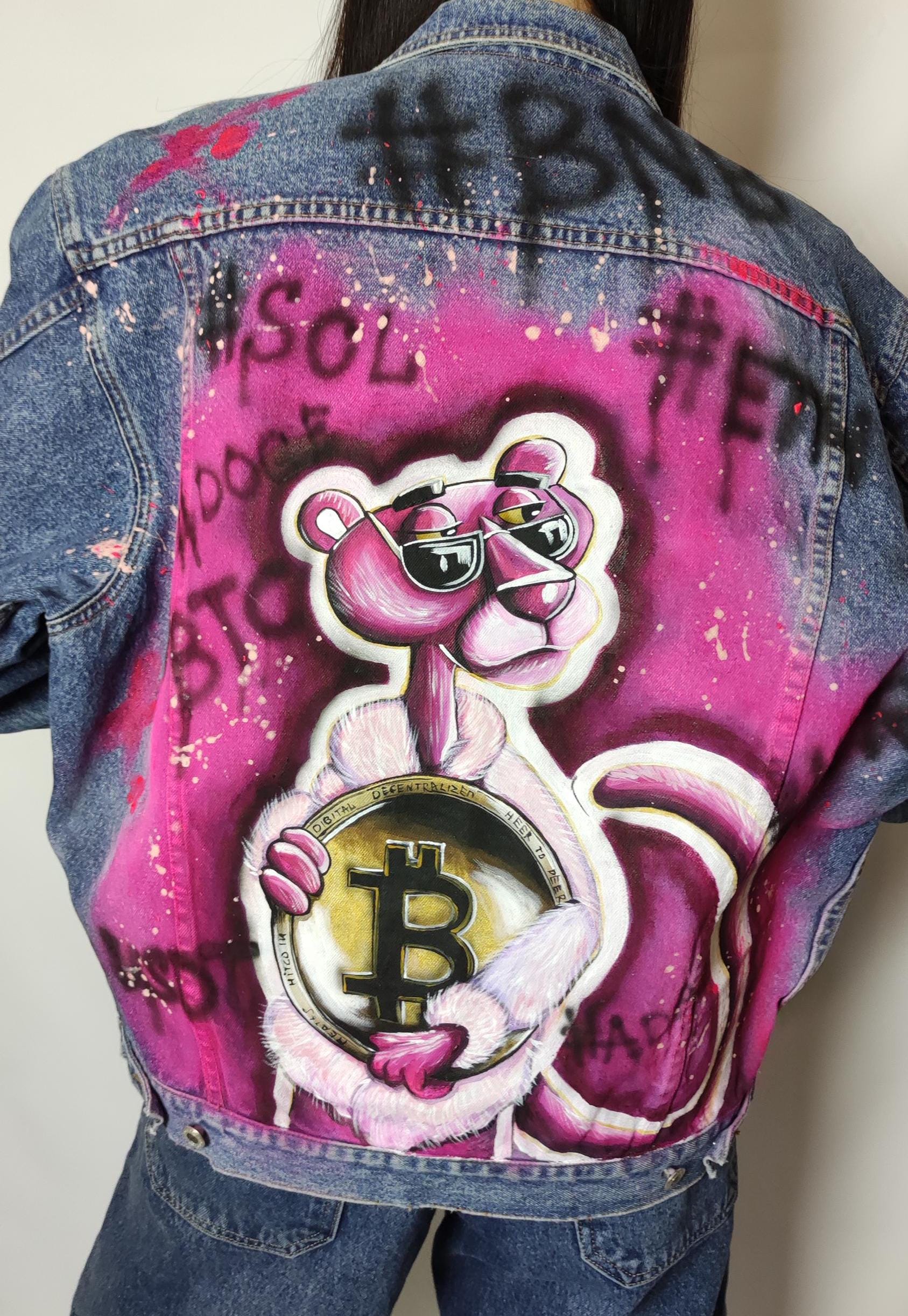Hand-painted Vintage Denim Jacket: Pink Panther Bitcoin Art - Etsy