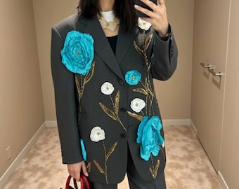 Upcycled Oversized Blazer with Handcrafted Floral Embroidery | Artistic Statement Jacket | One-of-a-Kind Sustainable Fashion