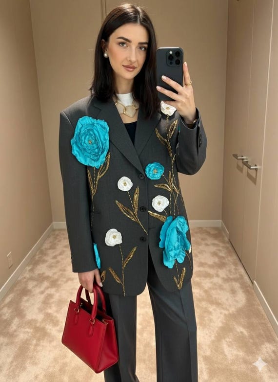 Upcycled Oversized Blazer with Handcrafted Floral Embroidery | Artistic Statement Jacket | One-of-a-Kind Sustainable Fashion
