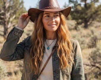 Brown Leather Cowboy Hat for Women Men, Braided Band Western Hat, Wide Brim Outback Hat, Handmade Leather Hat, Summer Gift, Festival Gift