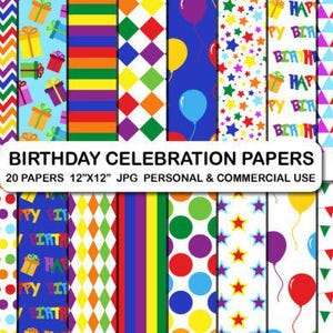 Birthday Digital Paper Pack: 20 Celebration Backgrounds (12x12&quot; JPG)