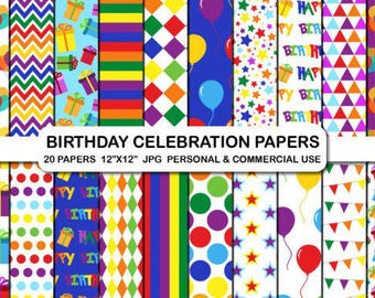 Birthday Digital Paper Pack: 20 Celebration Backgrounds (12x12" JPG)