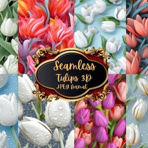 Seamless 3D Tulips Digital Spring Floral | White & Pink Tulip Clipart | Printable Tulip Textures | JPEG Format for Scrapbooking  Sublimation