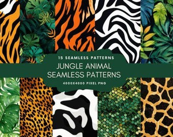 Jungle Animal Print Seamless Patterns: Tropical PNG Backgrounds (Digital Download)