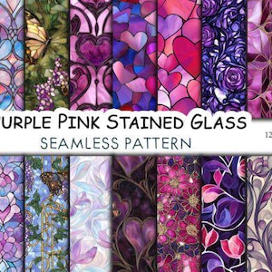 Purple Pink Stained Glass Digital Paper – Seamless Pattern Pack for Scrapbooking, Crafts, Sublimation, Junk Journals, and Backgrounds