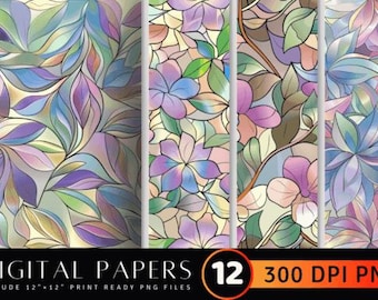 Pastel Floral Stained Glass Digital Paper: Seamless PNG Patterns (Digital Download