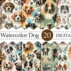Mixed Watercolor Dog Digital Paper Pack – 20 Printable Dog Scrapbook Papers, Cute Puppy Backgrounds, Dog Lover Clipart, Instant Download