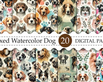 Watercolor Dog Digital Paper Pack – 20 Puppy Scrapbook Backgrounds (Digital Download)