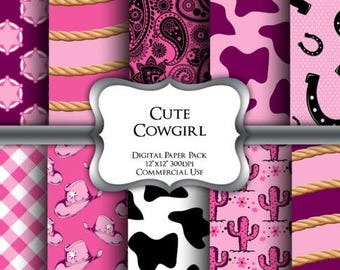 Pink Cowgirl Digital Paper Pack | Western Scrapbook Patterns (PNG)