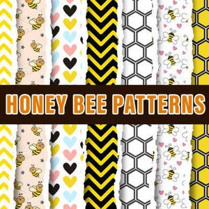 May include: A collection of colorful digital paper patterns. Designs include flowers, zigzags, bees, hearts, honeycomb, and daisies. The text "HONEY BEE PATTERNS" is displayed across the center of the image.