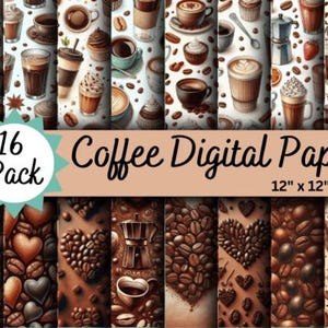 Coffee Digital Paper Pack – 16 Coffee-Themed Backgrounds  Printable Scrapbook Paper | Seamless Patterns for Crafts, Cardmaking, Junk Journal