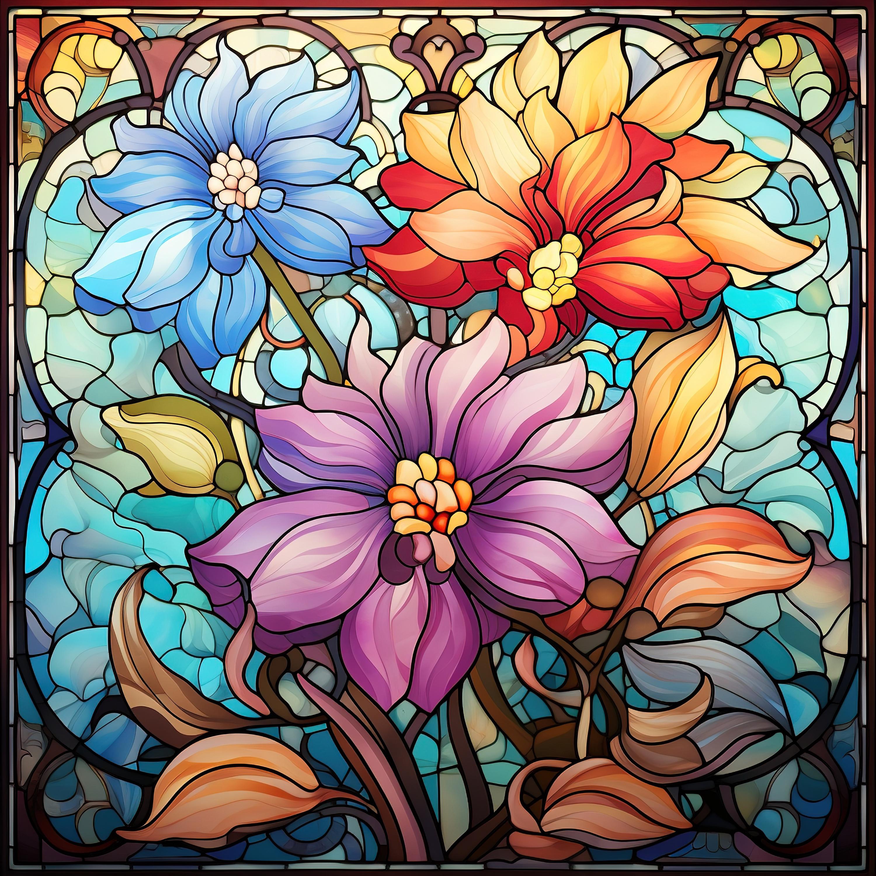Stained Glass Flower Digital Paper: Colorful Floral Art (digital ...