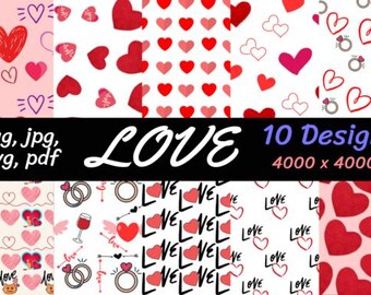 Love-Themed Digital Paper Pack | 10 Romantic Heart Patterns | Seamless heart pattern | 4000x4000px Instant Download