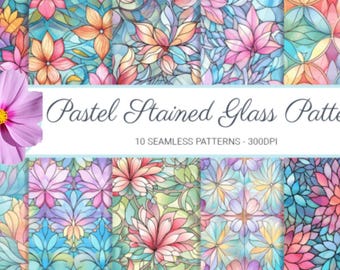 Pastel Floral Stained Glass Digital Paper: Seamless Scrapbook Patterns (Digital Download)