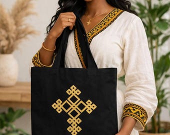 Ethiopian Cross Canvas Tote Bag, Habesha Cultural Heritage Bag