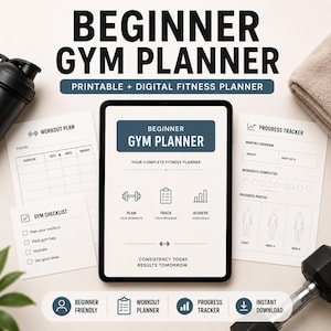 Può includere: Un tablet digitale che mostra un pianificatore di palestra per principianti con pagine di piano di allenamento e monitoraggio dei progressi. Lo schermo mostra icone per pianificare, tracciare e raggiungere obiettivi con il testo Consistency Today. Results Tomorrow.
