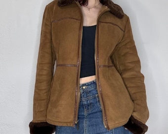 Women's B3 Bomber Shearling Jacket Vintage Brown 70's Suede Boho Jacket Aviator Leather Jacket