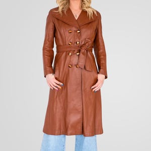 70s Brown Long Leather Coat Women Double Breasted Trench Coat Genuine Sheepskin Coat