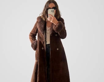 Women Penny Lane Coat 70s Vintage Afghan Shearling Coat Women Y2k Bohemian Collar Coat Genuine Suede Leather Faux Fur Coat