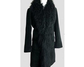 70's Penny Lane Coat Bohemian Afghan Mongolian Fur Coat Black Winter Suede Fur Coat Women Boho Shearling Outwear Winter Coat