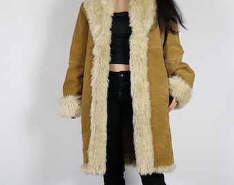Women's Penny Lane Faux Fur Coat Brown Winter Afghan Shearling Coat Women 1970's Bohemian Suede Leather Coat