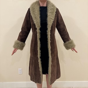 Vintage Penny Lane Coat – 70s Shearling Coat Women Afghan Fur Trim Suede Coat for Women Long Sheepskin Overcoat