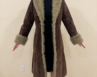 Vintage Penny Lane Coat – 70s Shearling Coat Women Afghan Fur Trim Suede Coat for Women Long Sheepskin Overcoat