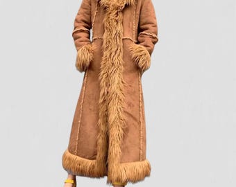 Penny Lane Coat Women Afghan Coat Vintage Sheepskin Coat Boho Hippie Long Shearling Coat Winter Suede Maxi Coat Faux Fur Coat