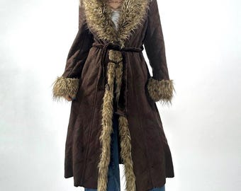 70s Penny Lane Afghan Shearling Coat – Women Vintage Boho Coat Long Sheepskin Coat - Faux Fur Trim Handmade Coat
