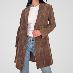 1970s Suede Leather Coat Brown Leather Trench Coat Women Long Leather Bohemian Coat