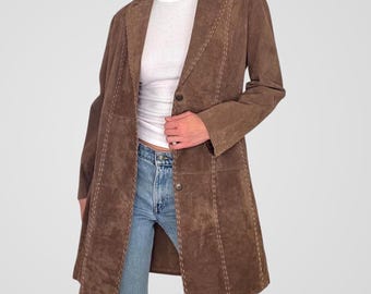 1970s Suede Leather Coat Brown Leather Trench Coat Women Long Leather Bohemian Coat