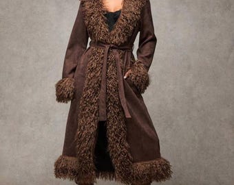 Women Brown Penny Lane Long Coat Mongolian Fur Coat Vintage Afghan Coat Y2k Bohemian Toscana Boho Hippie Shearling Coat