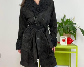 Vintage Black Shearling Penny Lane Coat – 70s-Inspired Long Fur Trim Suede Coat for Women Afghan Coat Warm Sheepskin Coat