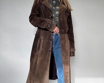 Vintage Suede Leather Long Coat | Chocolate Brown Suede White Stitching Coat | 70s Boho Y2k Bohemian Trench Coat | Suede Leather Women Coat